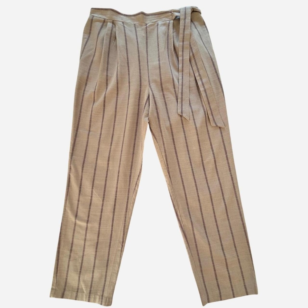 E&M striped boho cotton pants with side tie and front pleats tan burgundy Size L